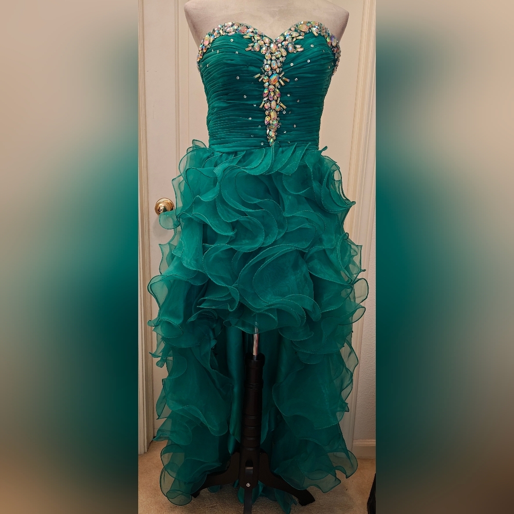 Y2K Tiffany Designs Jade Peacock Hi Low Ruffled, Heavily Bejeweled Bodice Formal